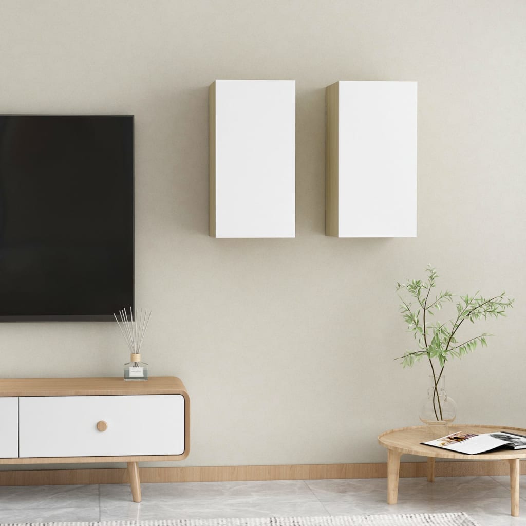 Vetonek Mueble de TV 2 uds contrachapada blanco y roble 30,5x30x60 cm