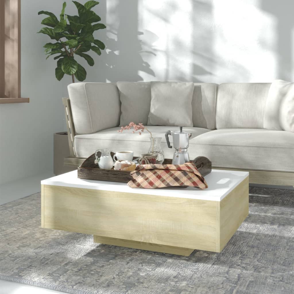 Vetonek Mesa de centro madera contrachapada blanco y roble 85x55x31 cm