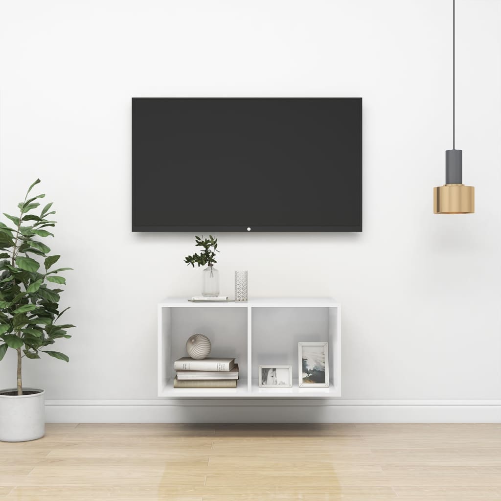 Vetonek Mueble TV pared madera contrachapada blanco brillo 37x37x72 cm