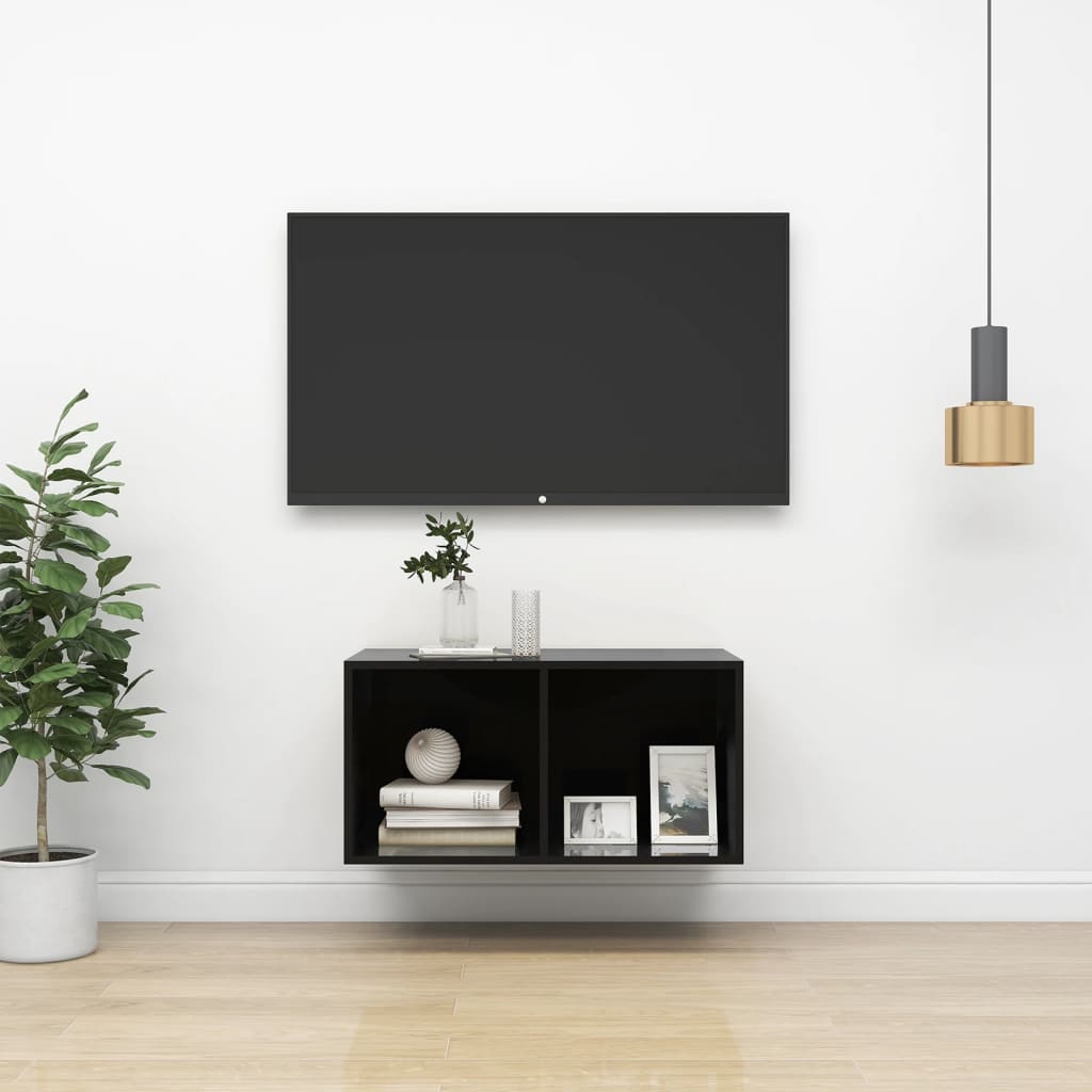 Vetonek Mueble TV de pared madera contrachapada negro brillo 37x37x72cm