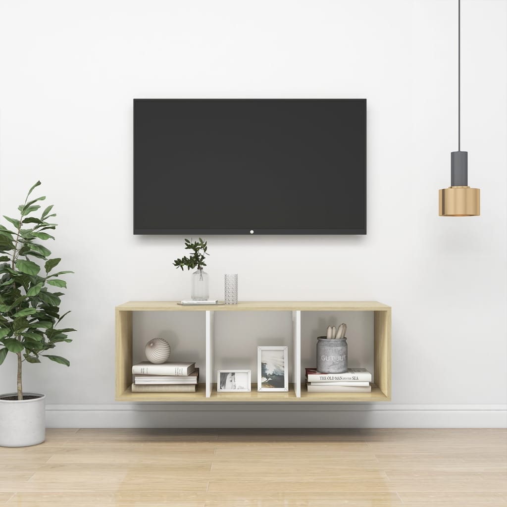 Vetonek Mueble TV pared madera contrachapada blanco roble 37x37x107 cm