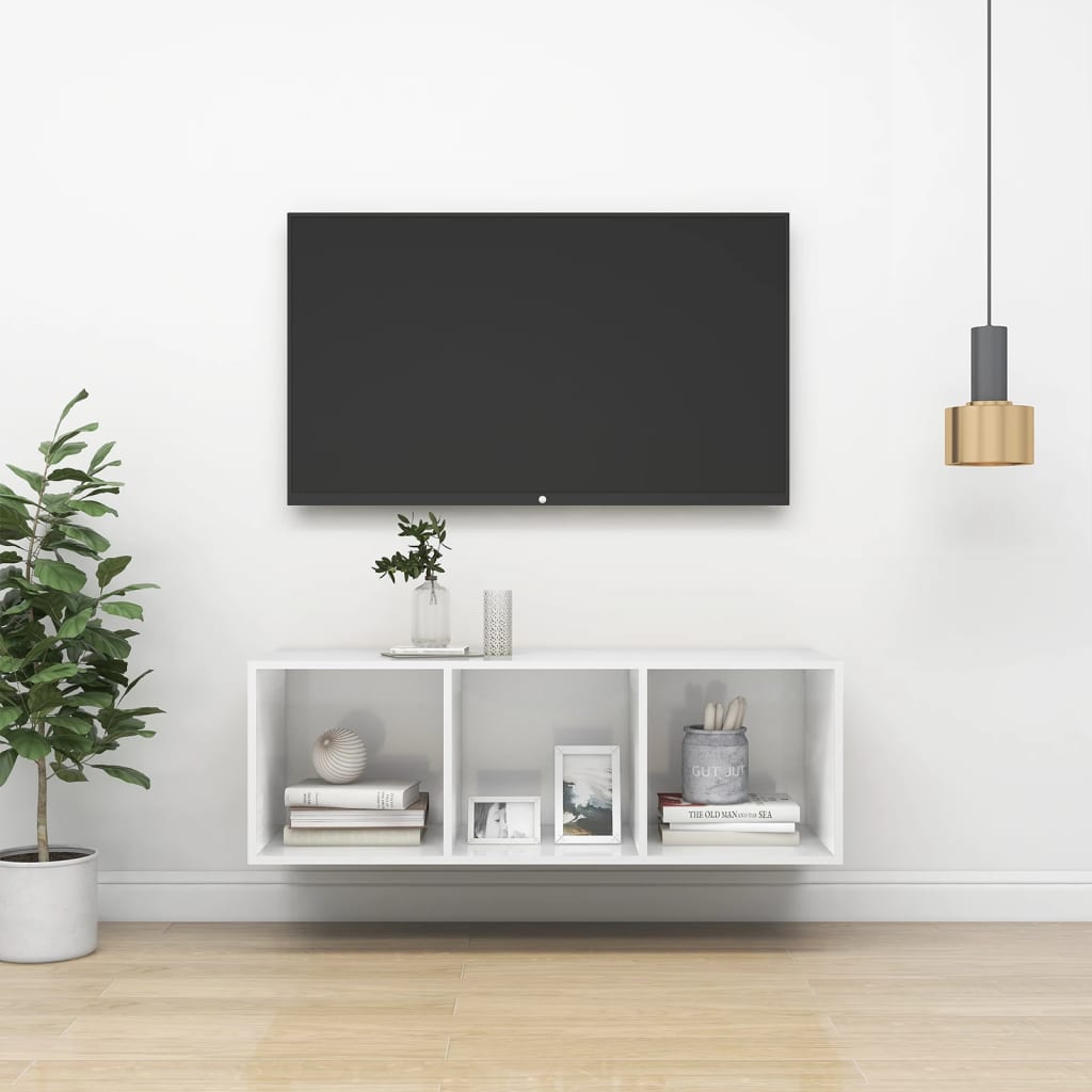 Vetonek Mueble TV pared madera contrachapada blanco brillo 37x37x107 cm