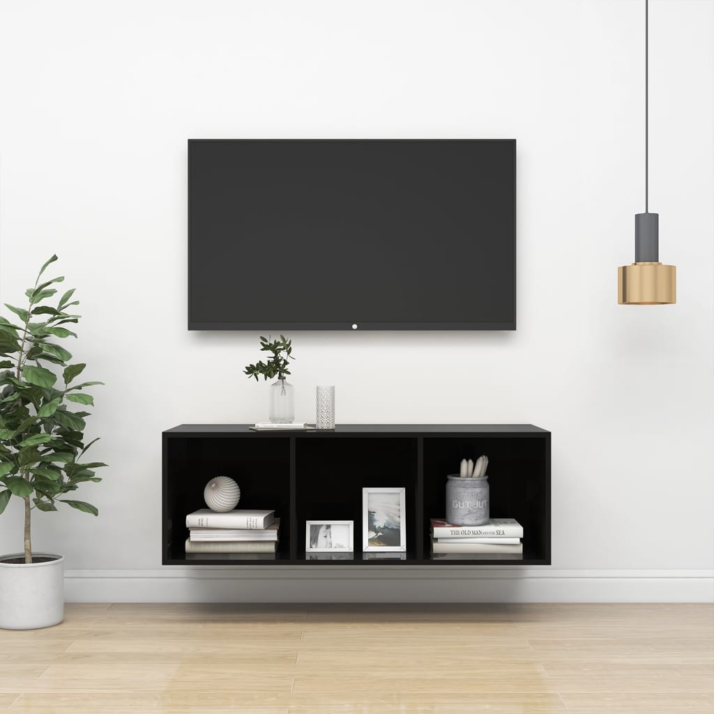 Vetonek Mueble TV pared madera contrachapada negro brillo 37x37x107cm