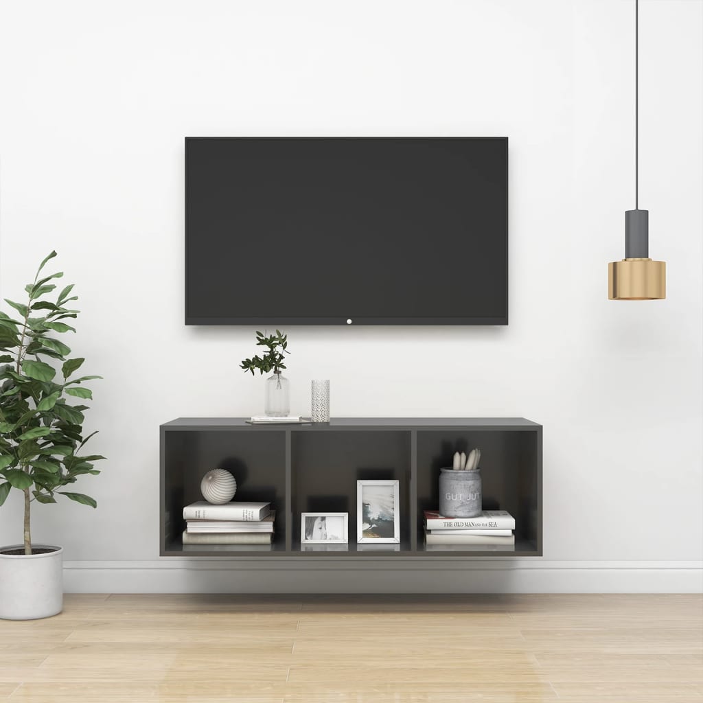 Vetonek Mueble TV pared madera contrachapada gris brillo 37x37x107 cm