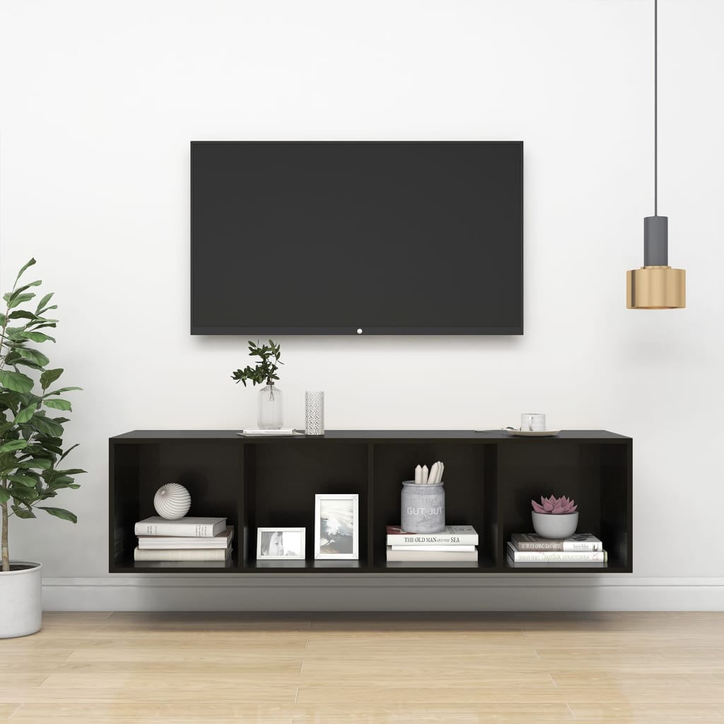 Vetonek Mueble TV pared contrachapada negro brillo 37x37x142,5 cm