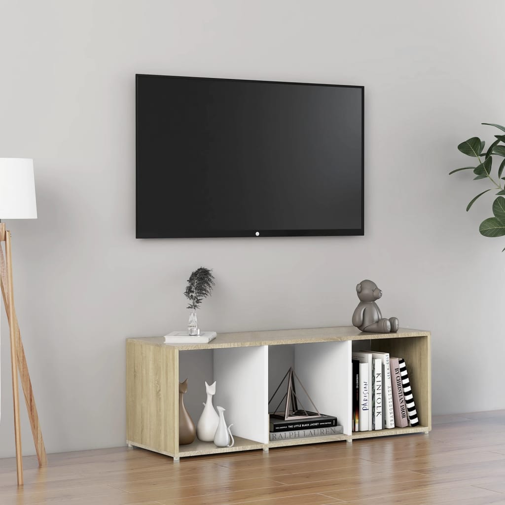 Vetonek Mueble para TV madera contrachapada blanco y roble 107x35x37 cm