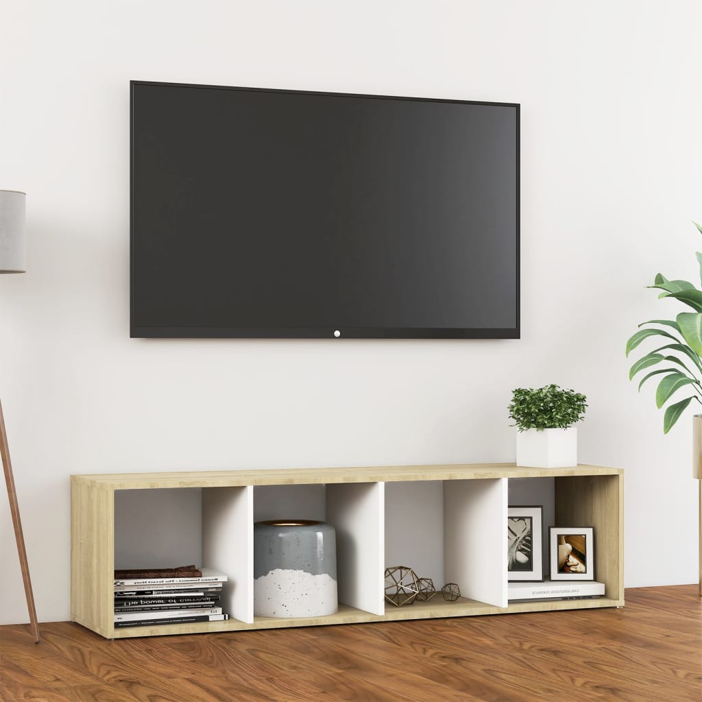 Vetonek Mueble TV madera contrachapada blanco y roble 142,5x35x36,5 cm