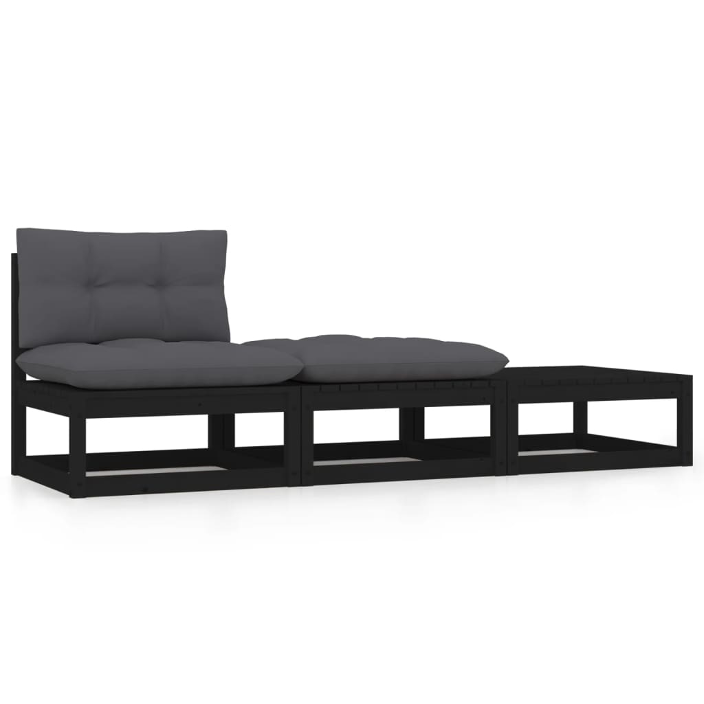 Vetonek Set de muebles de jardín 3 pzas con cojines madera pino negro