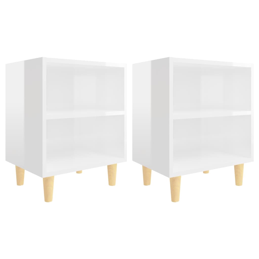 Mesitas de noche patas madera 2 uds blanco brillo 40x30x50 cm - Vetonek