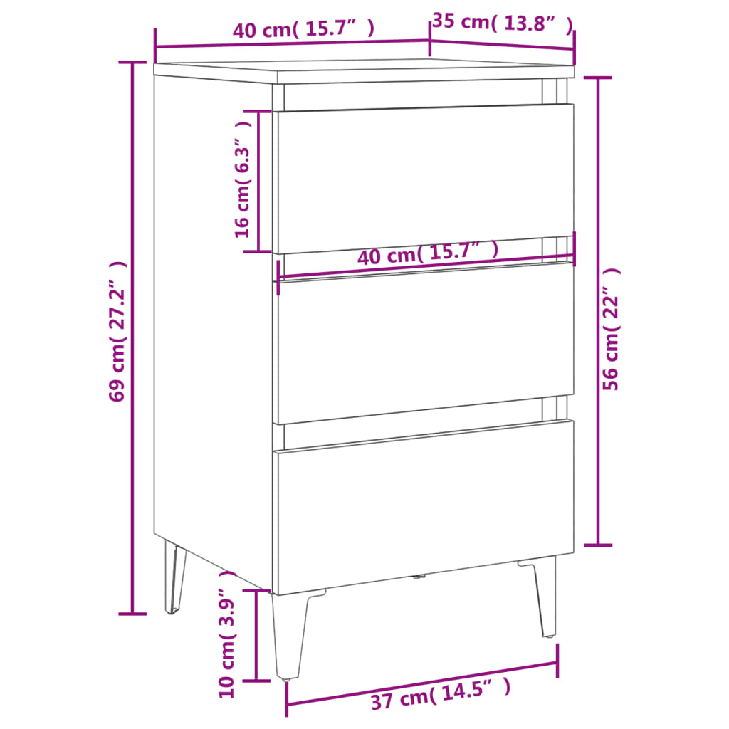 Mesitas noche con patas metal 2 uds negro 40x35x69 cm vidaXL