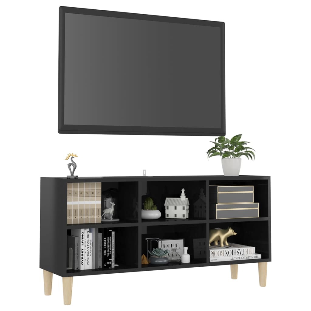 Mueble de TV patas de madera maciza negro brillo 103,5x30x50 cm vidaXL