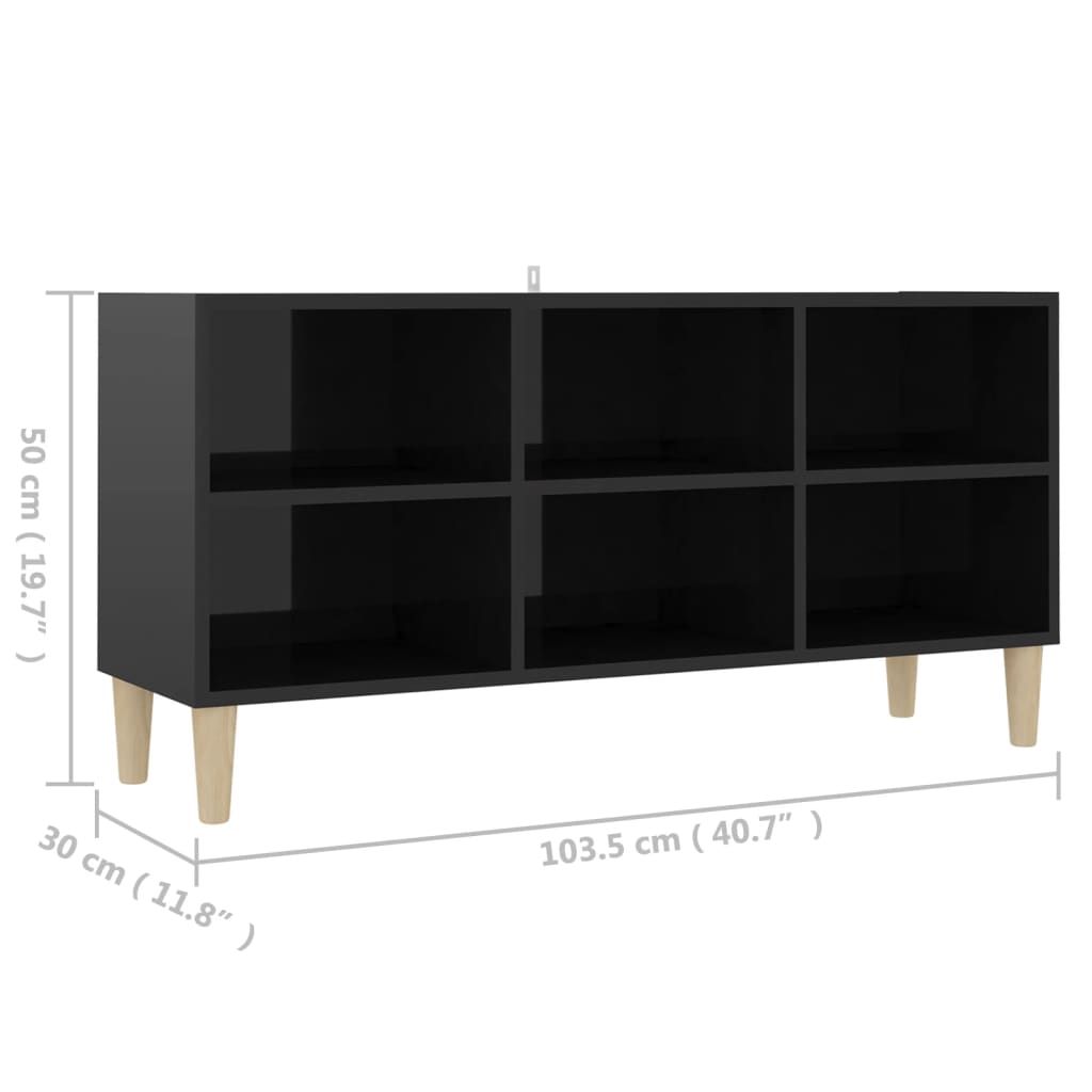 Mueble de TV patas de madera maciza negro brillo 103,5x30x50 cm vidaXL