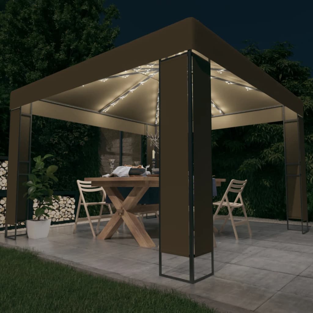 Cenador doble techo y tira luz led gris taupe 3x3x2,7m 180 g/m² v5670 Vetonek