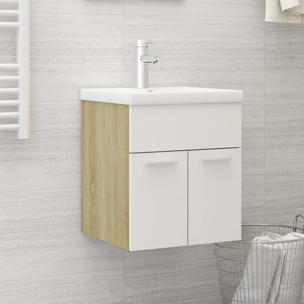 Vetonek Mueble con lavabo madera de ingeniería blanco y roble Sonoma