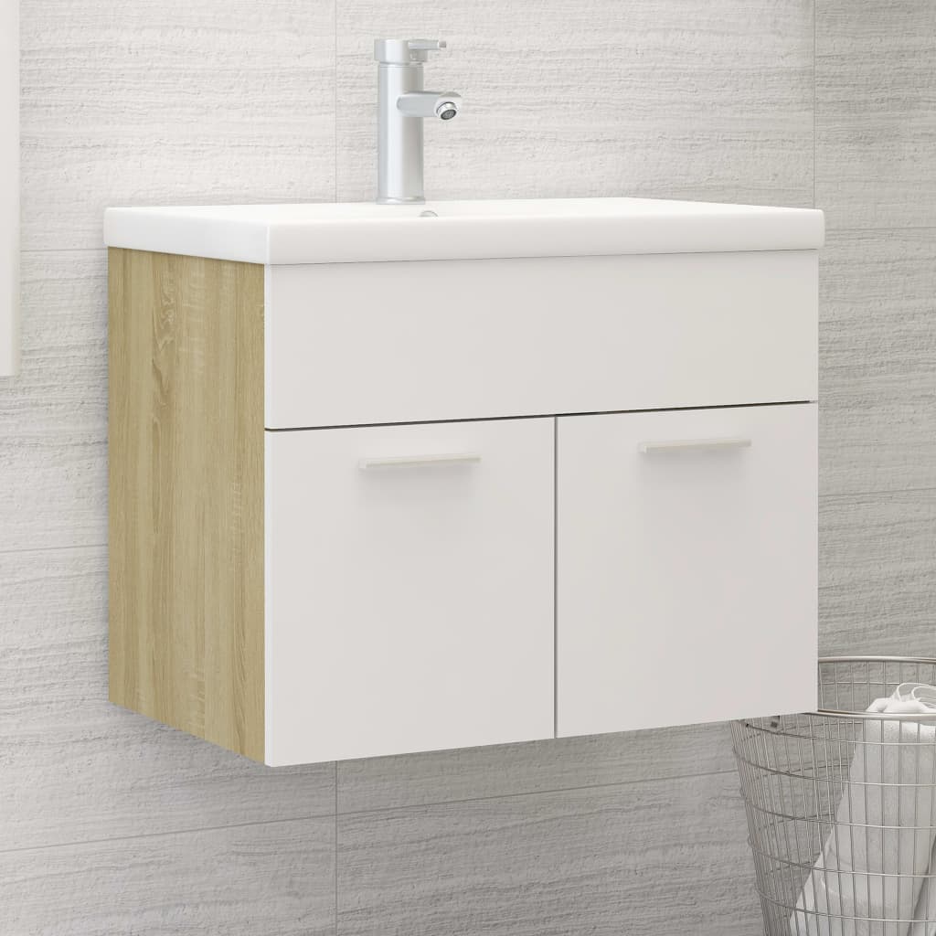 Vetonek Mueble con lavabo madera de ingeniería blanco y roble Sonoma