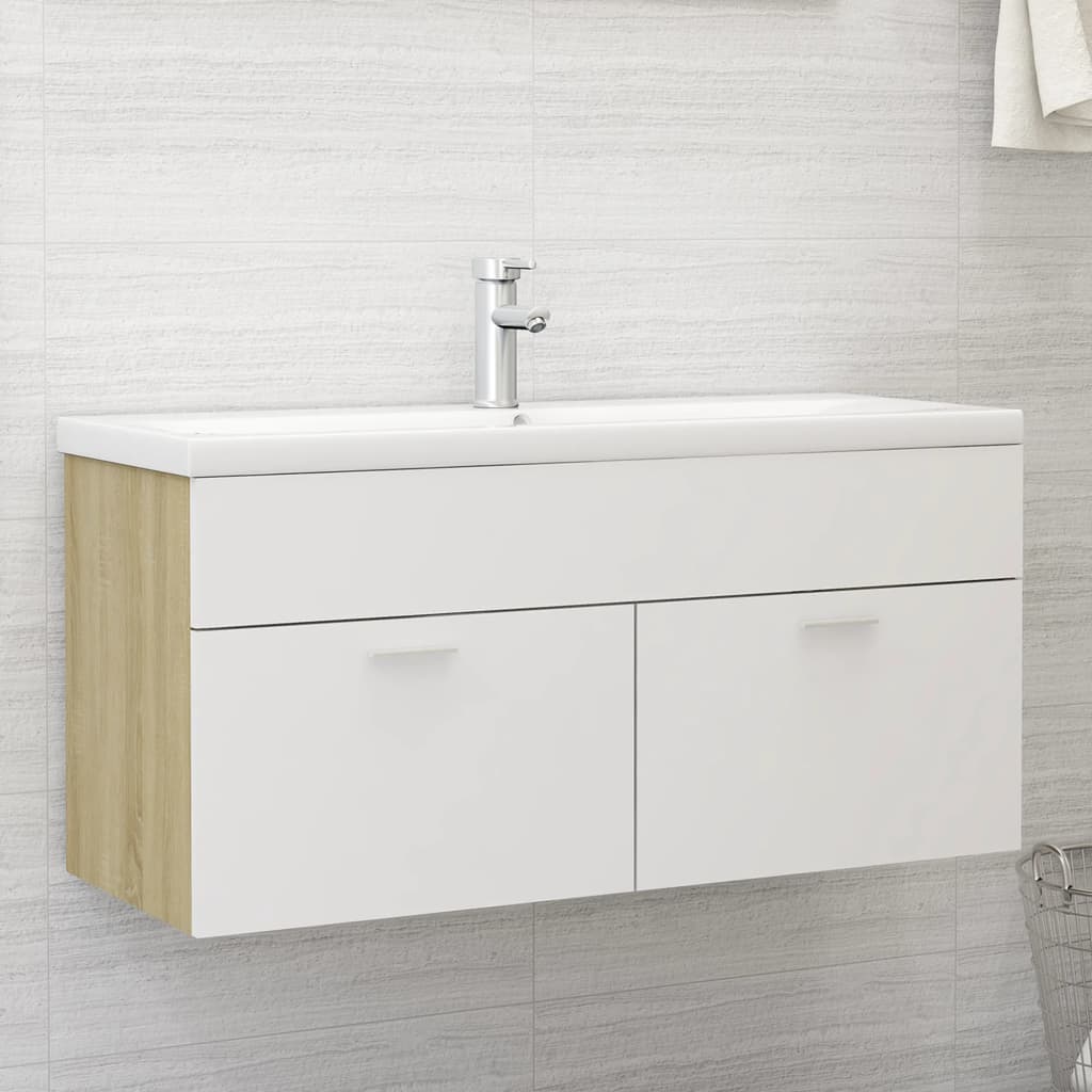 Vetonek Mueble con lavabo madera de ingeniería blanco y roble Sonoma