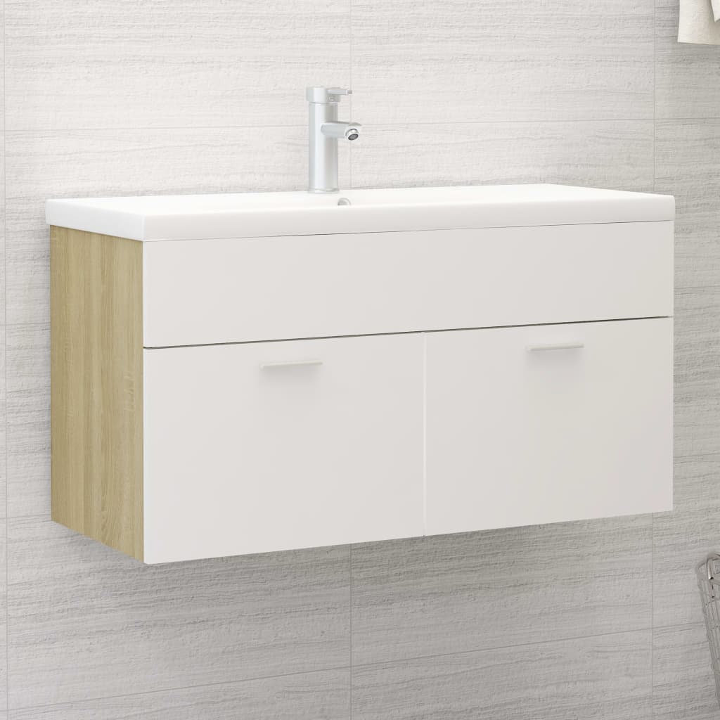 Vetonek Mueble con lavabo madera de ingeniería blanco y roble Sonoma