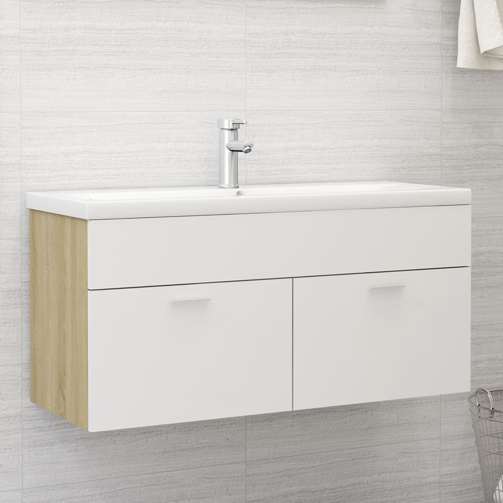 Vetonek Mueble con lavabo aglomerado blanco y roble Sonoma