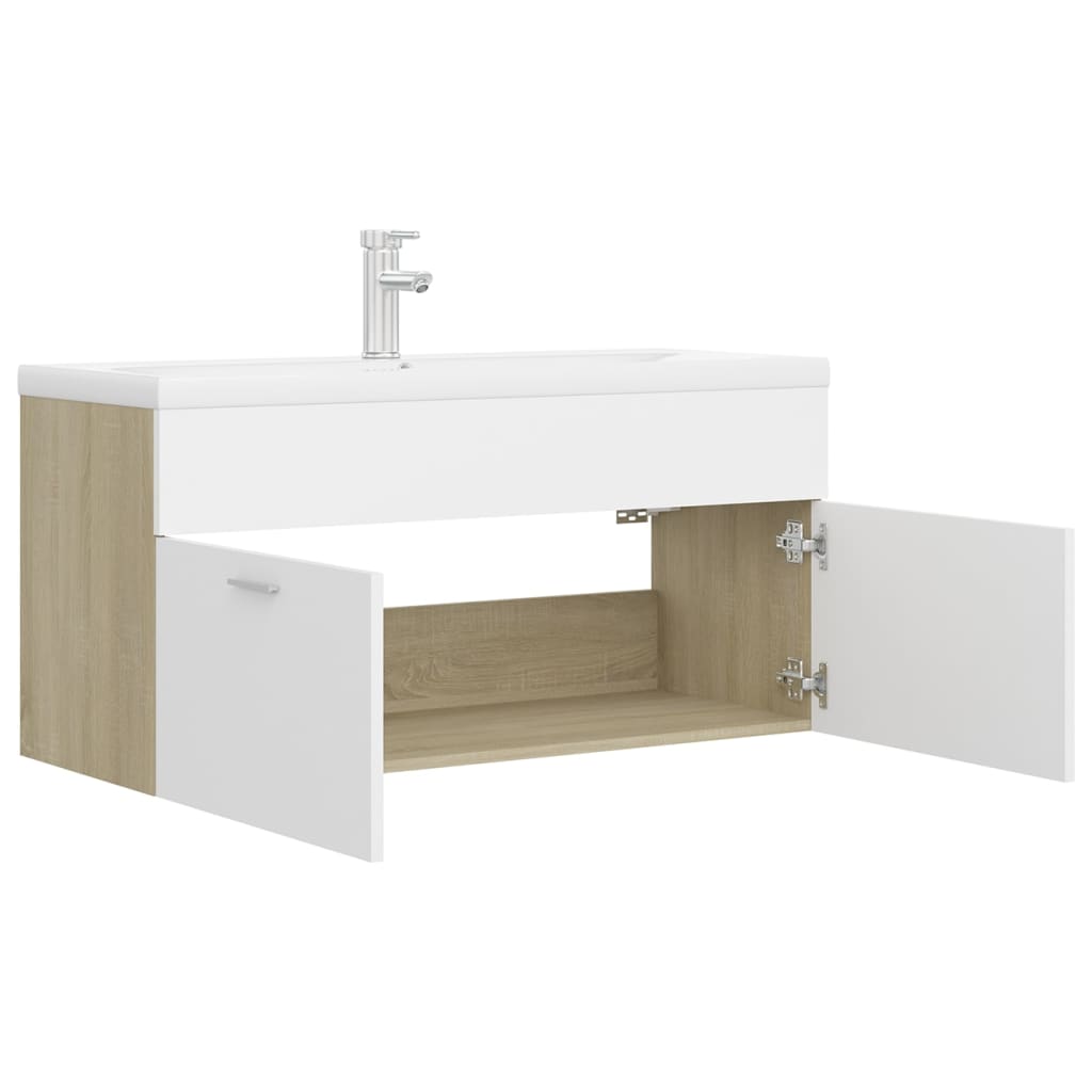 Mueble con lavabo aglomerado blanco y roble Sonoma vidaXL