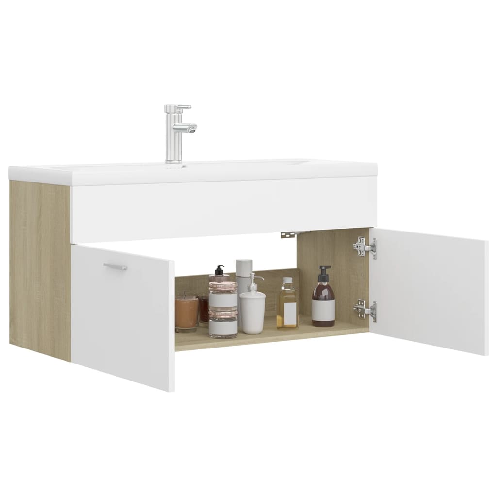 Mueble con lavabo aglomerado blanco y roble Sonoma vidaXL