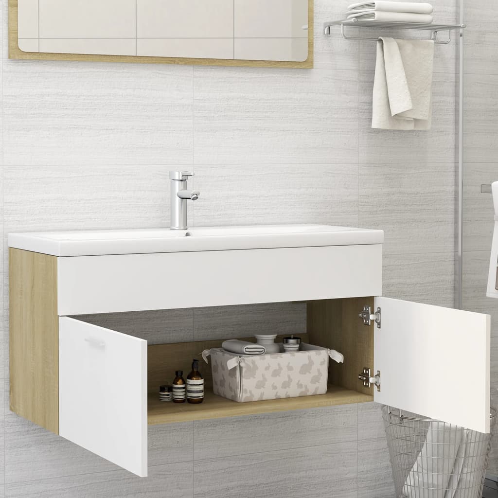 Mueble con lavabo aglomerado blanco y roble Sonoma vidaXL