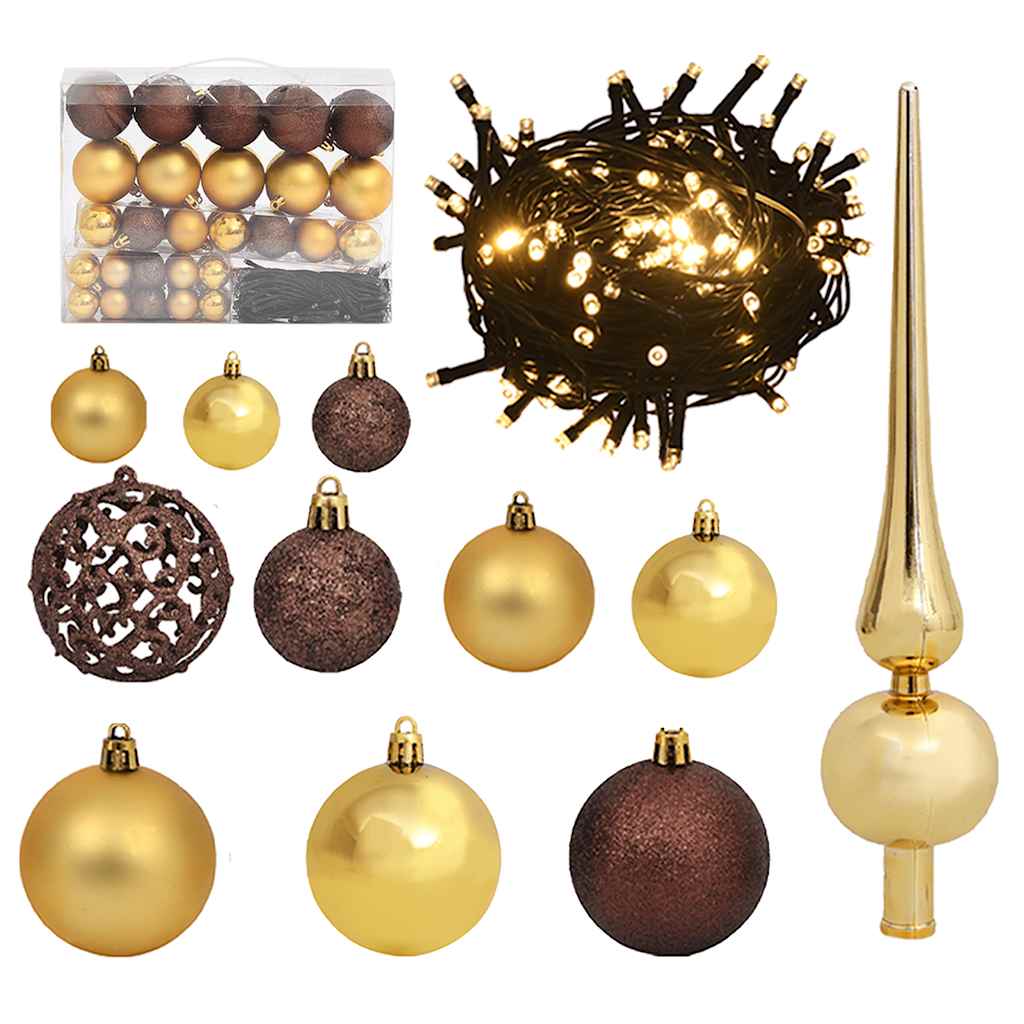 Vetonek Set de bolas de Navidad 61 pzas con pico 150 LED dorado bronce