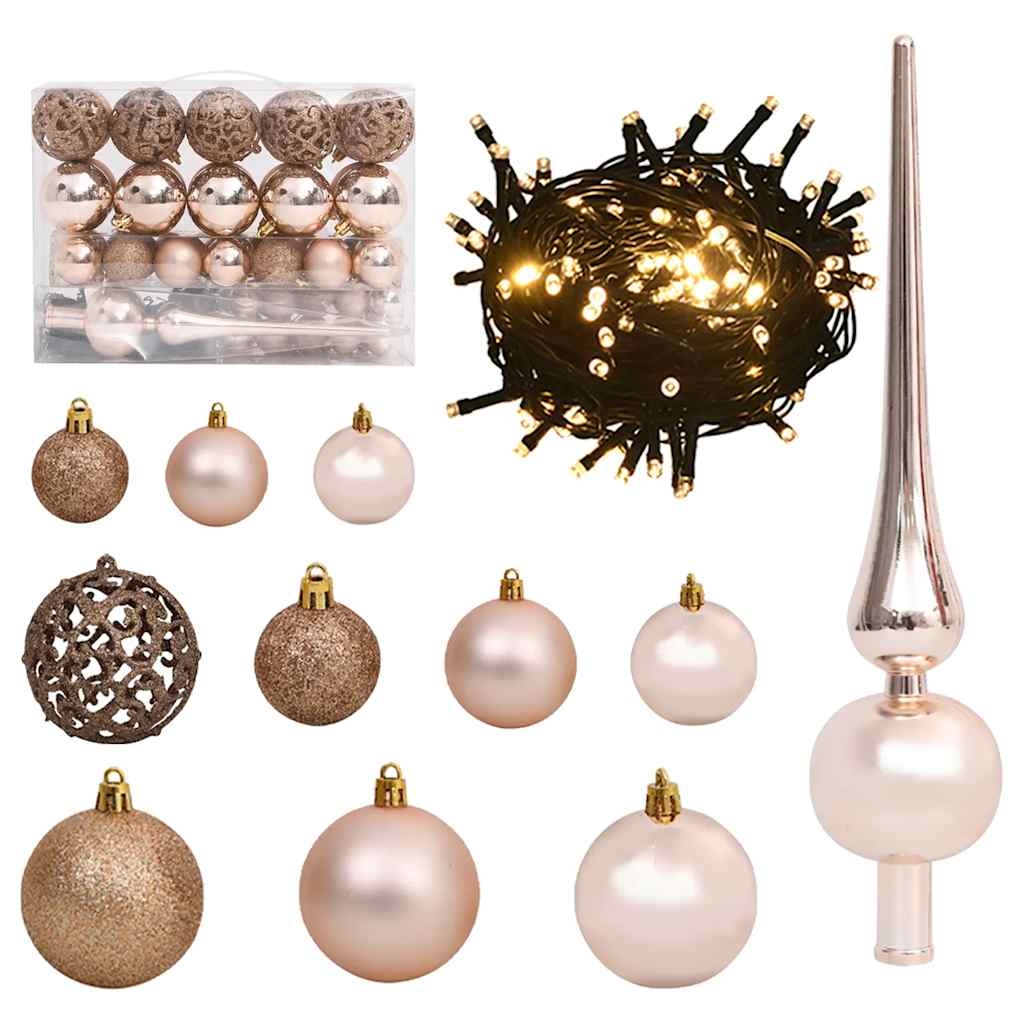 Vetonek Set de bolas de Navidad 61 pzas con pico 150 LED oro rosa