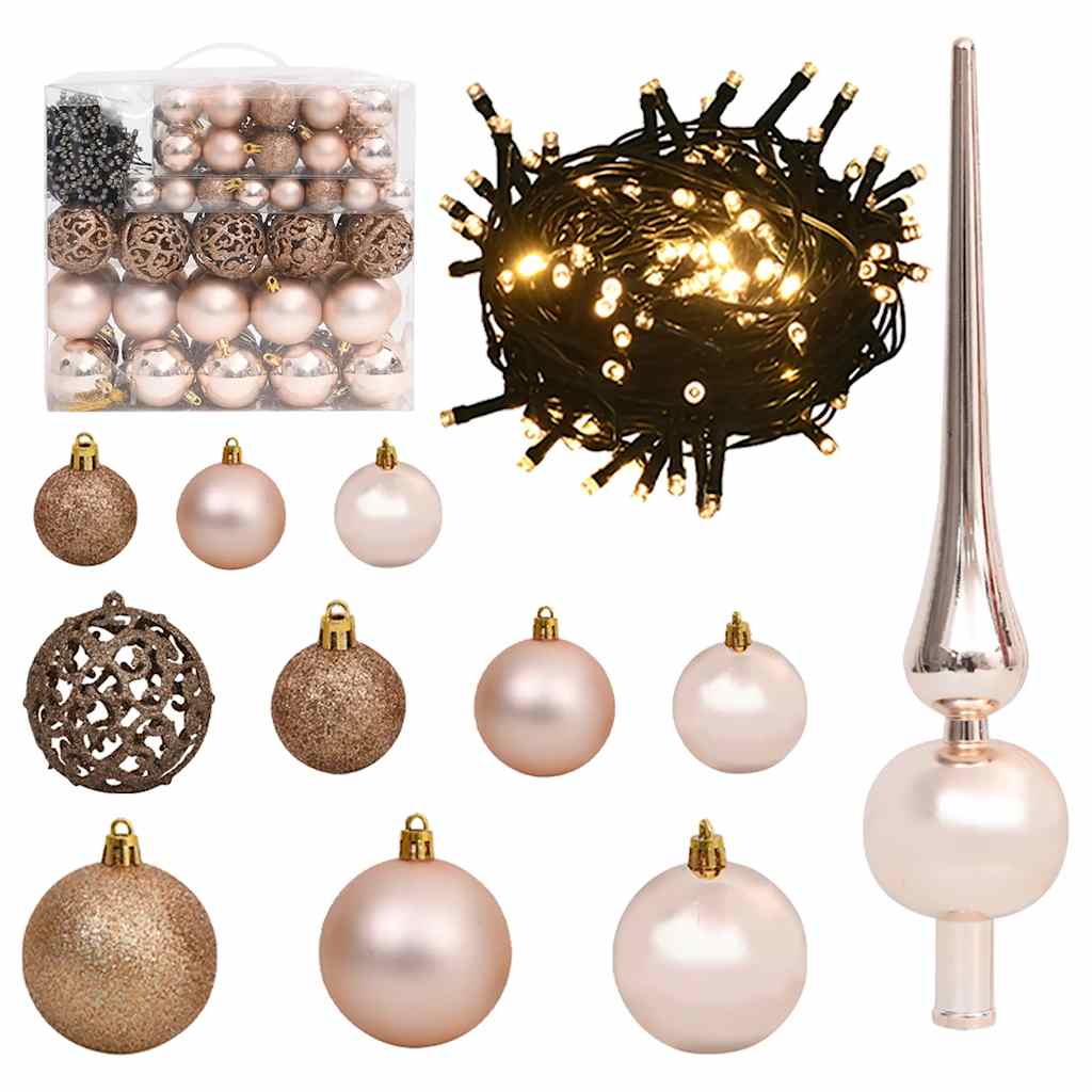 Vetonek Set de bolas de Navidad 120 pzas con pico 300 LED oro rosa