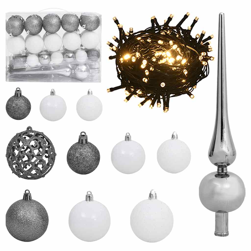 Vetonek Set de bolas de Navidad 61 pzas con pico 150 LED blanco y gris