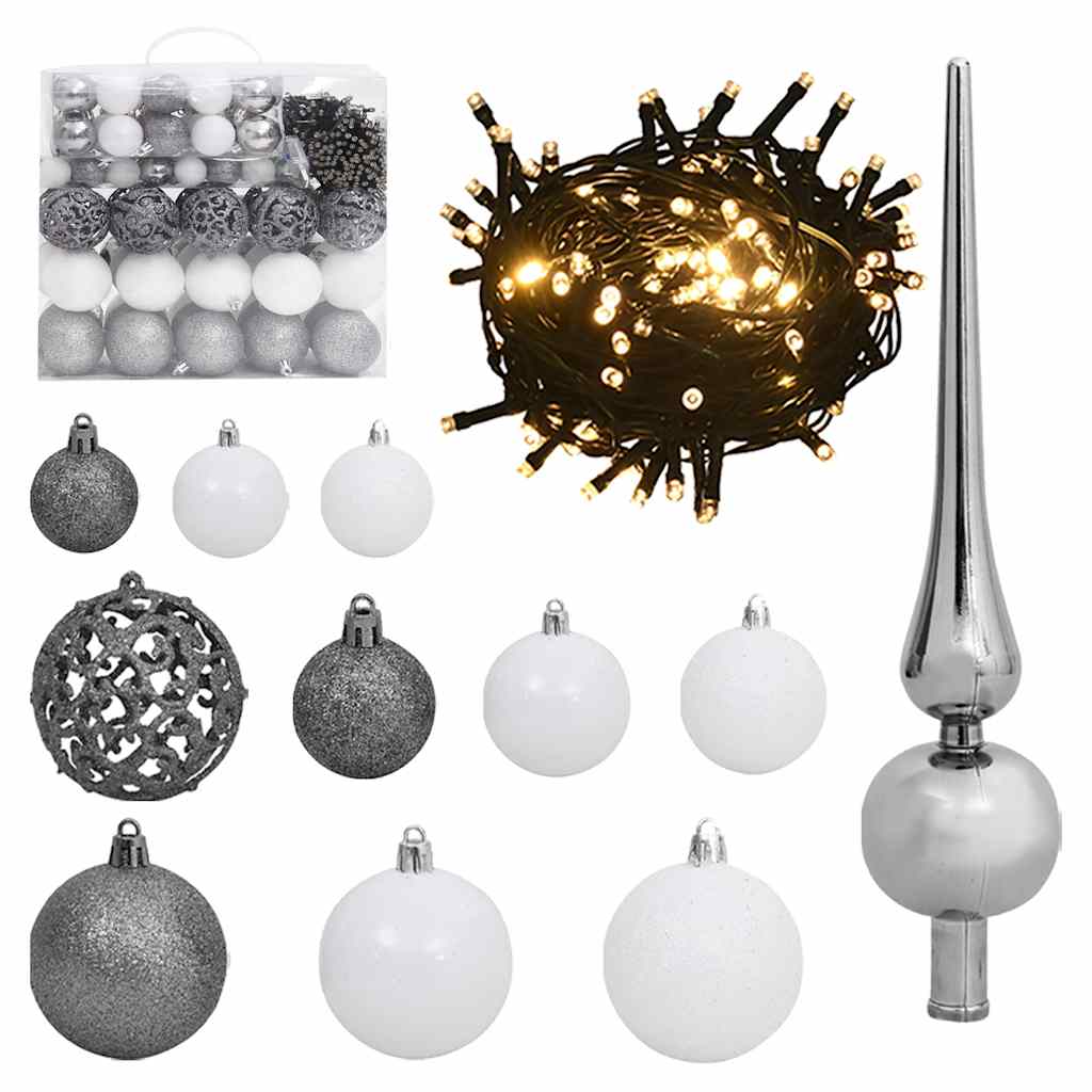 Vetonek Set de bolas de Navidad 120 pzas con pico 300 LED blanco y gris