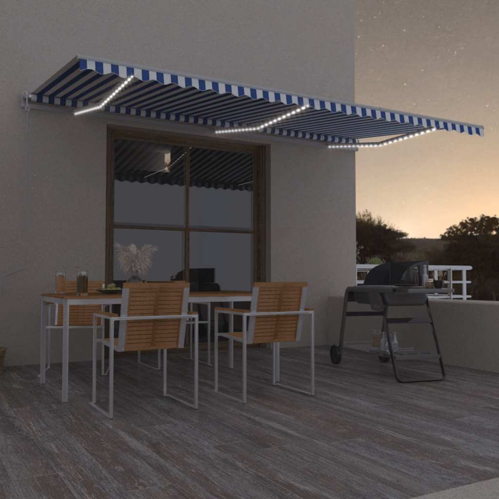 Vetonek Toldo automático LED sensor de viento azul y blanco 600x350 cm