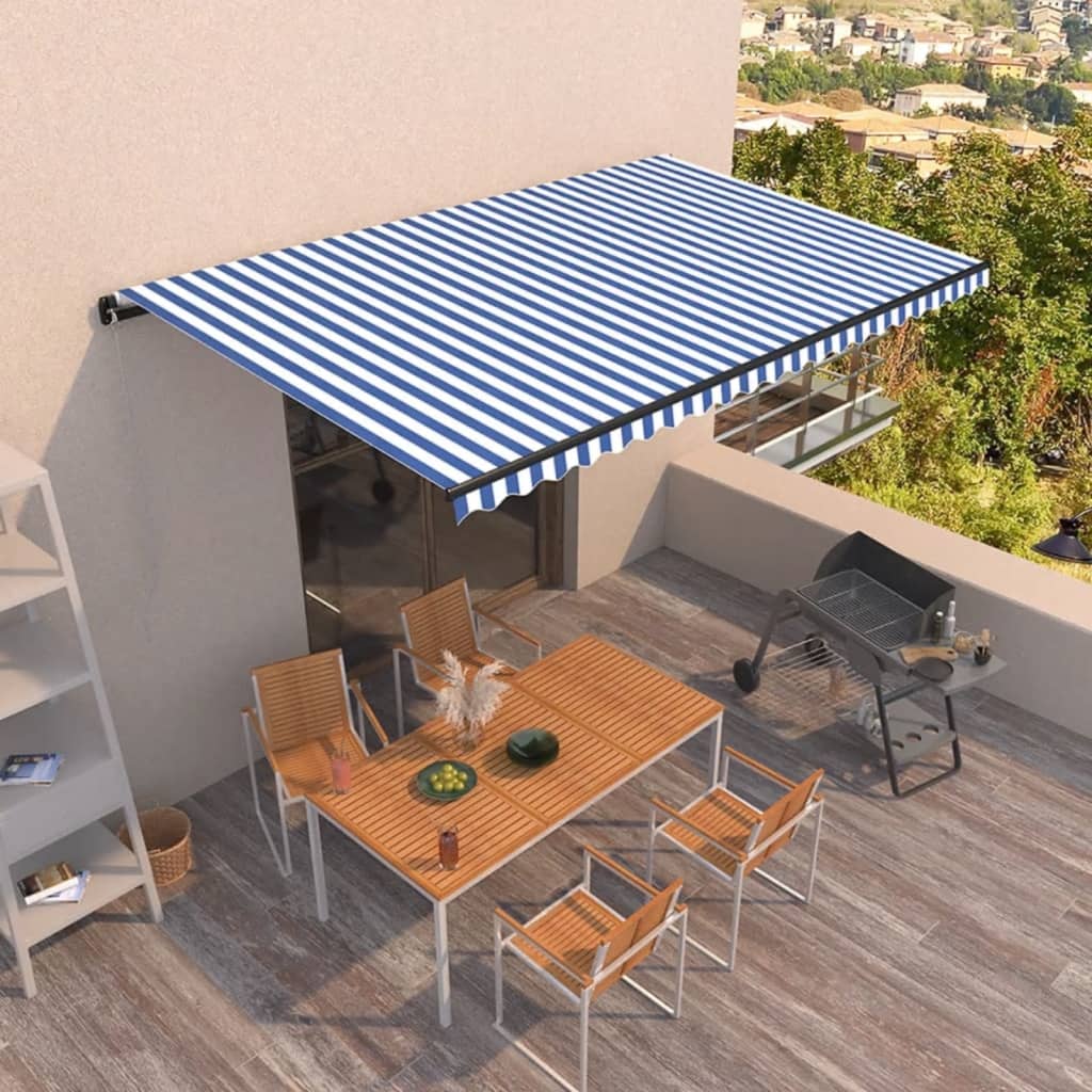 Toldo retráctil manual azul y blanco 500x350 cm vidaXL