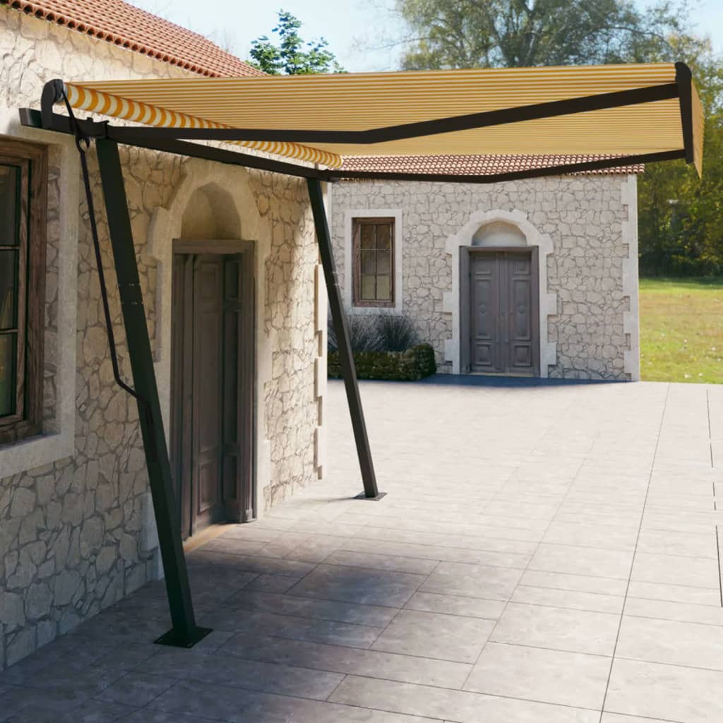 Vetonek Toldo manual retráctil con postes amarillo y blanco 4x3 m