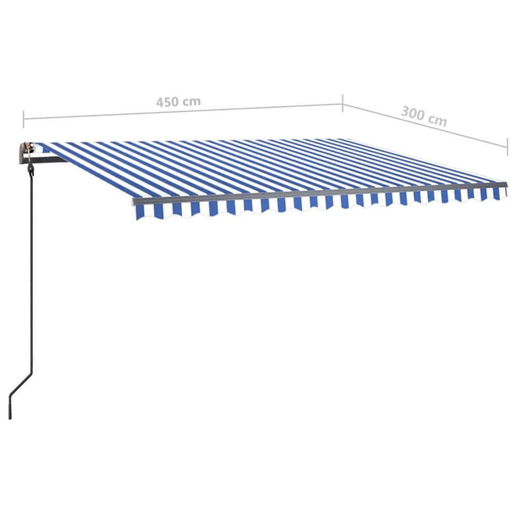 Toldo automático retráctil con postes azul y blanco 4,5x3 m vidaXL