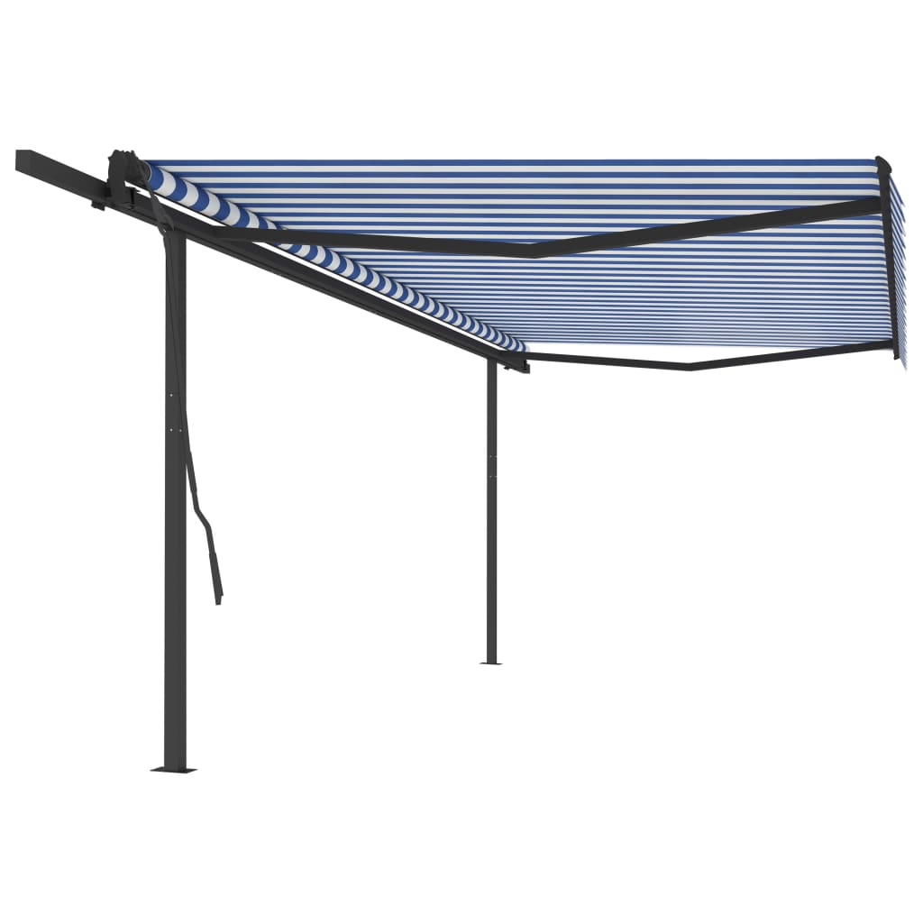 Vetonek Toldo retráctil manual con postes azul y blanco 5x3,5 m