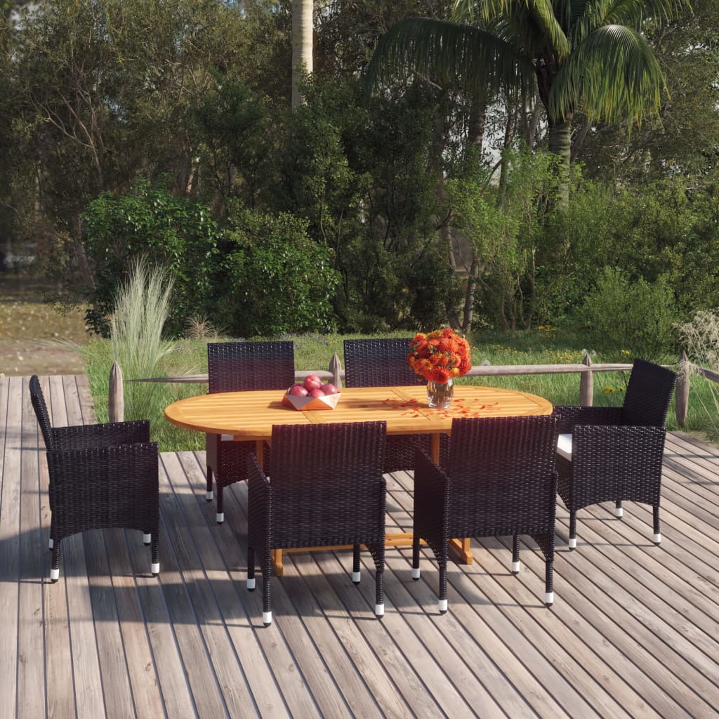 Vetonek Set de comedor de jardín de 7 piezas negro ratán sintético