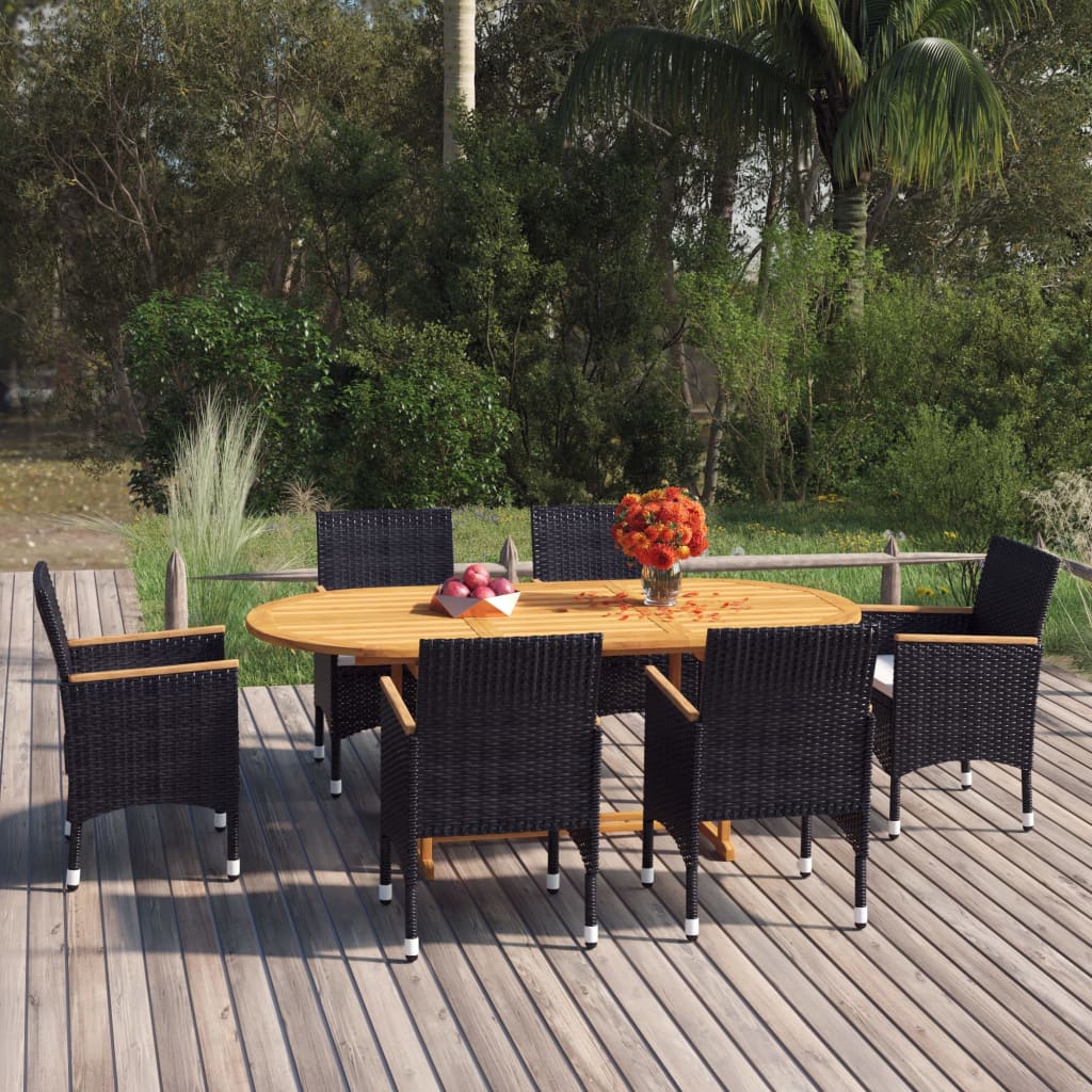 Vetonek Set de comedor de jardín de 7 piezas negro ratán sintético