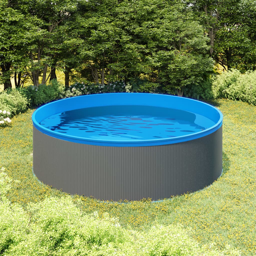 Piscina de chapoteo de 350x90 cm en color gris, fabricada en acero y PVC, ideal para jardines.