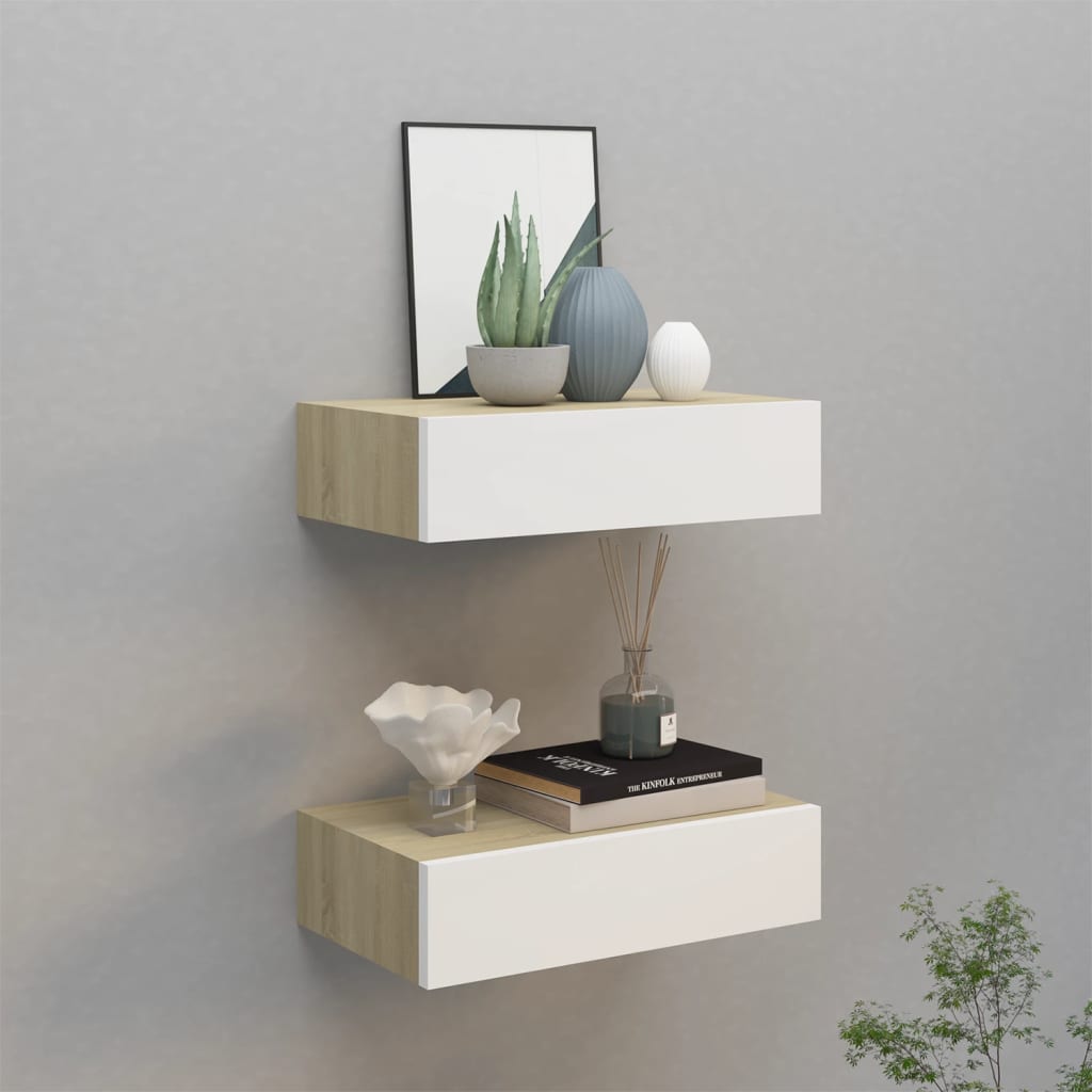 Vetonek Estantes de pared con cajón 2 uds MDF roble/blanco 40x23,5x10cm