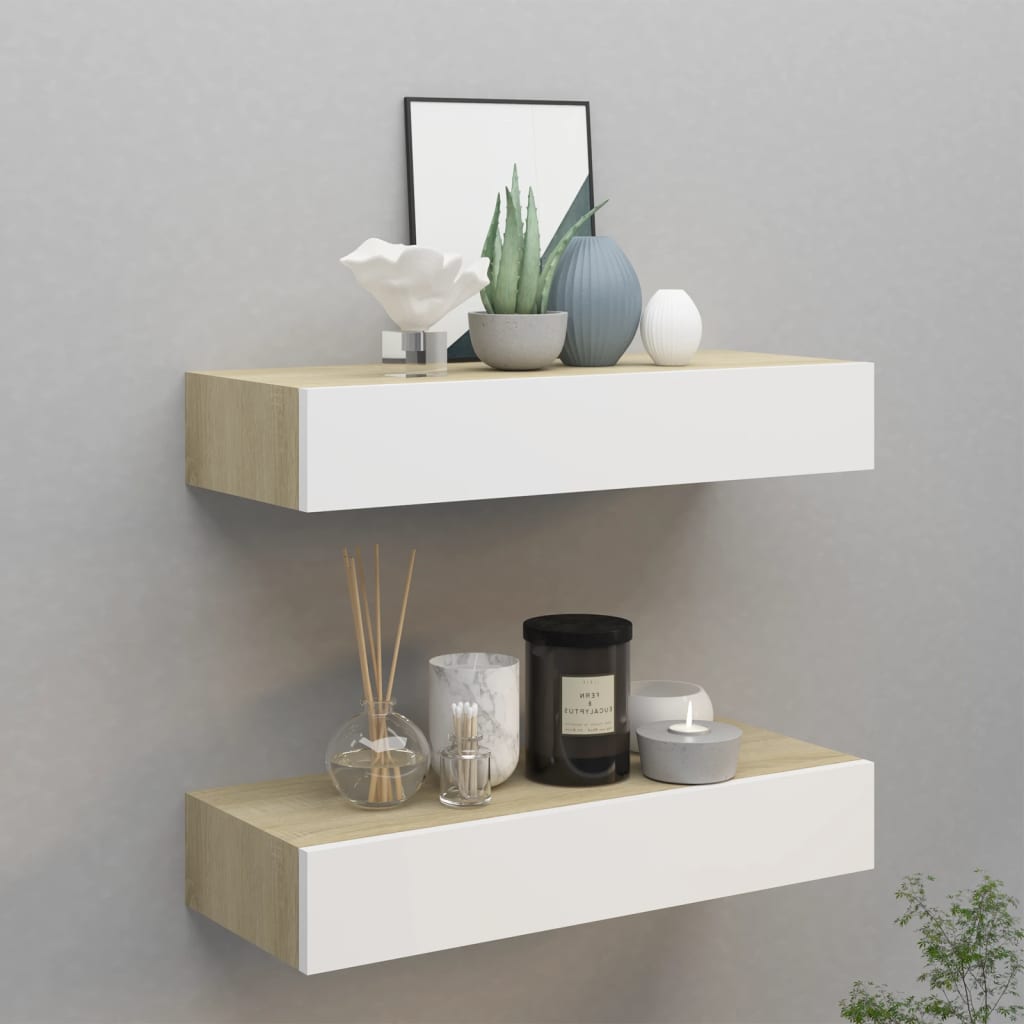 Vetonek Estantes de pared con cajón 2 uds MDF roble/blanco 60x23,5x10cm