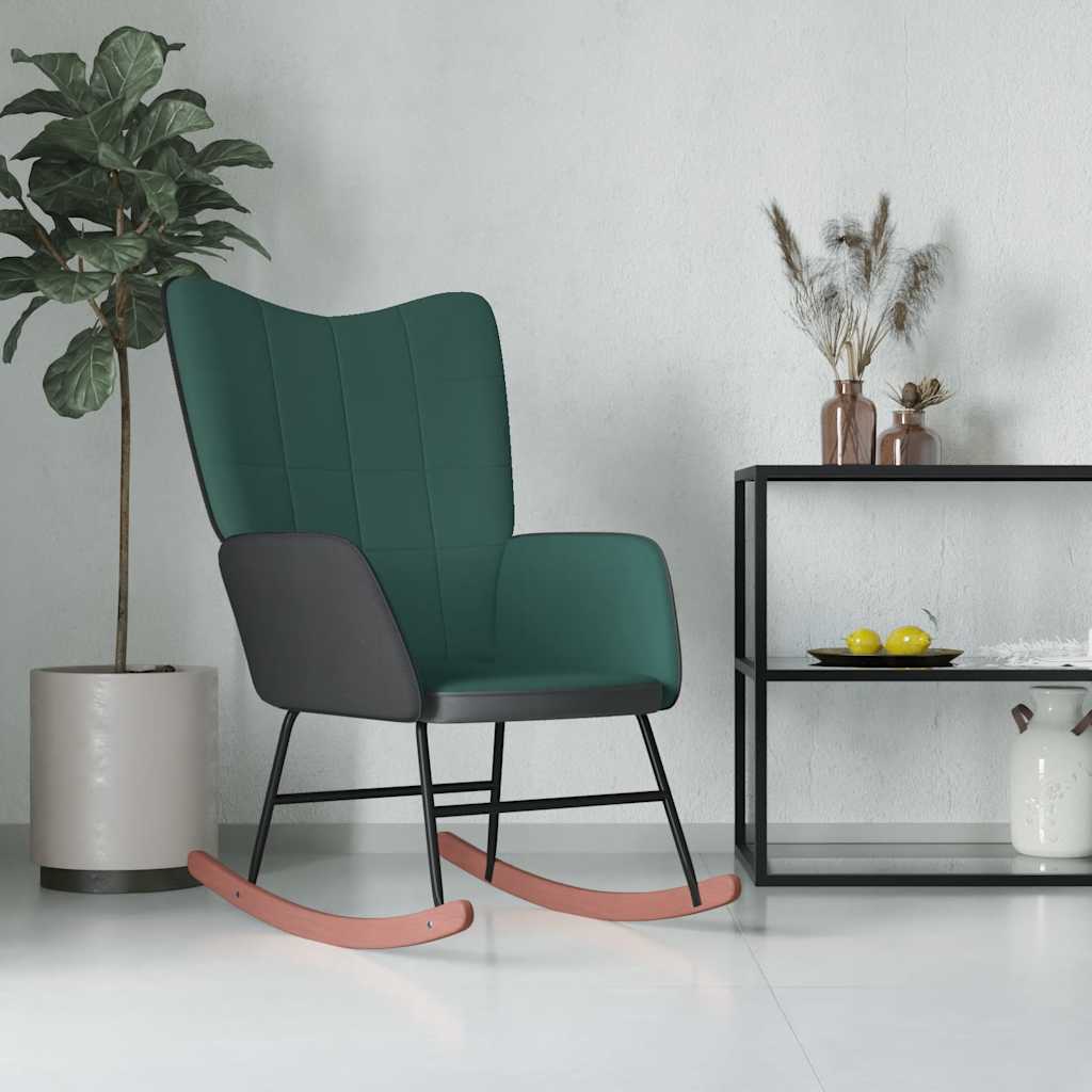 Vetonek Silla mecedora de terciopelo verde oscuro y PVC