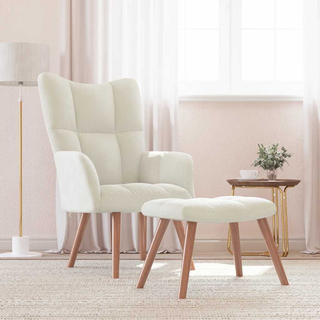 Vetonek Sillón de relax con taburete terciopelo blanco crema