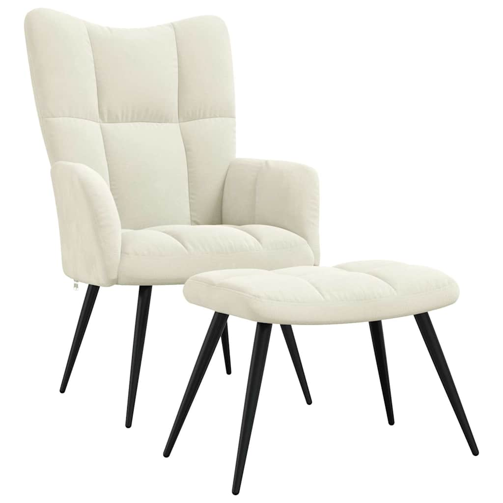 Vetonek Sillón de relax con taburete terciopelo blanco crema