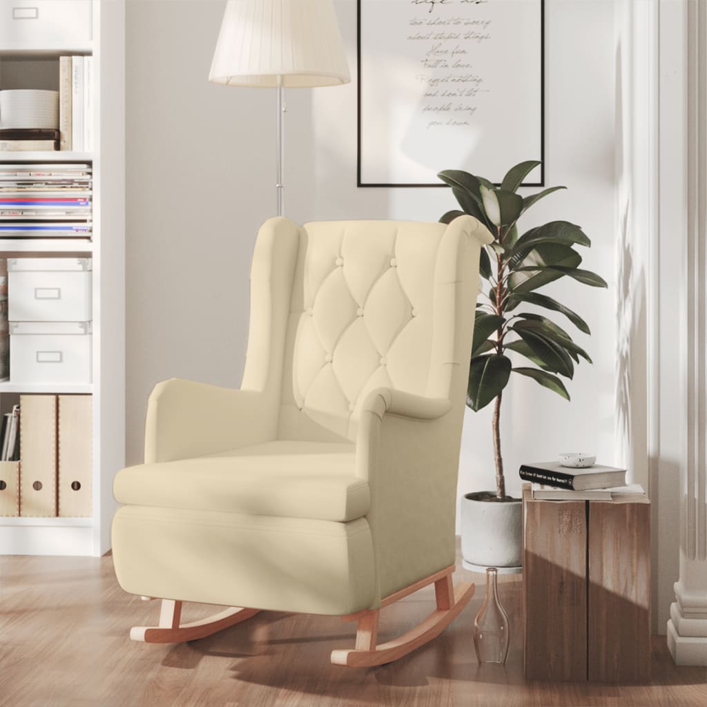 Vetonek Sillón con patas mecedoras madera maciza caucho y tela crema