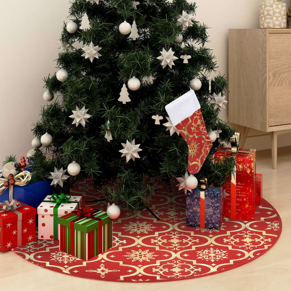 Vetonek Falda del árbol de Navidad de lujo con calcetín tela roja 90 cm