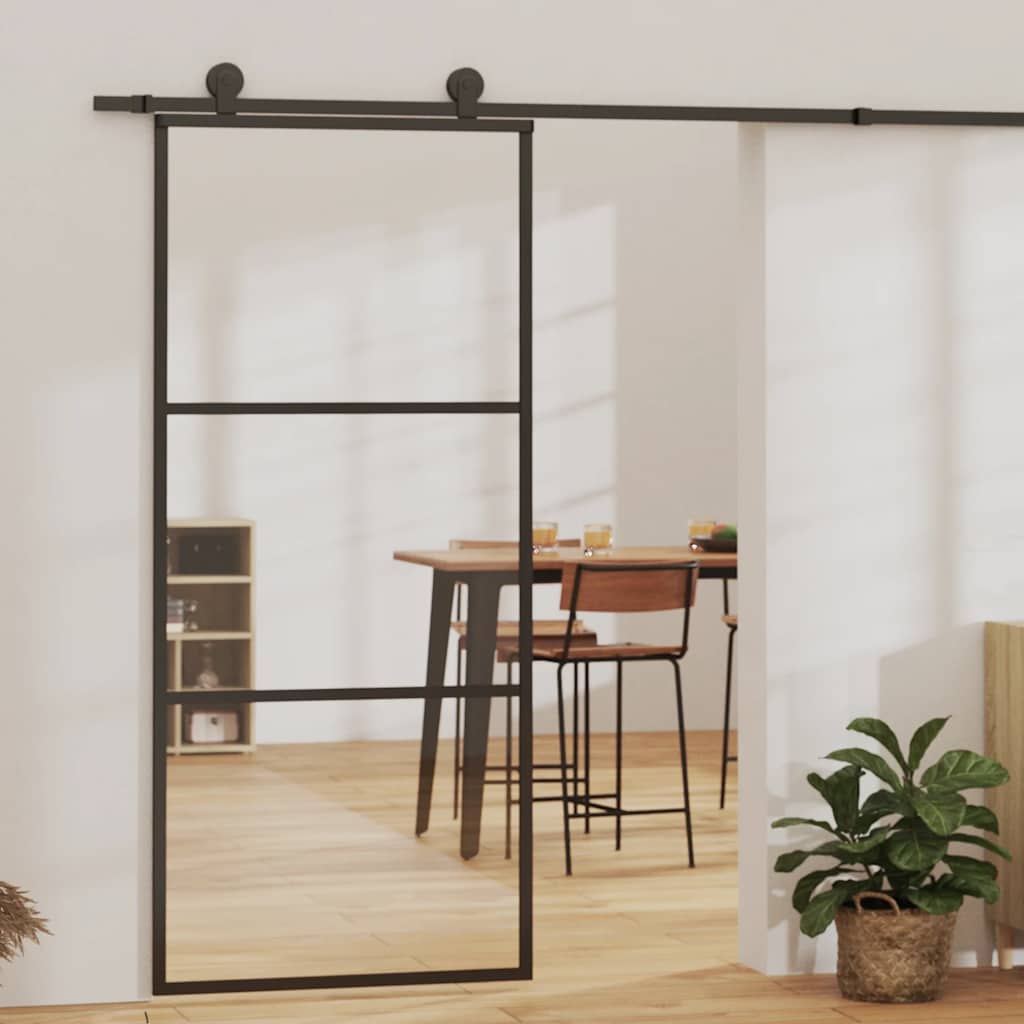 Black ESG glass and aluminum sliding door 90x205 cm 