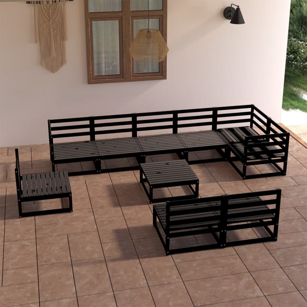 Vetonek Juego de muebles de jardín 10 pzas negro madera maciza de pino