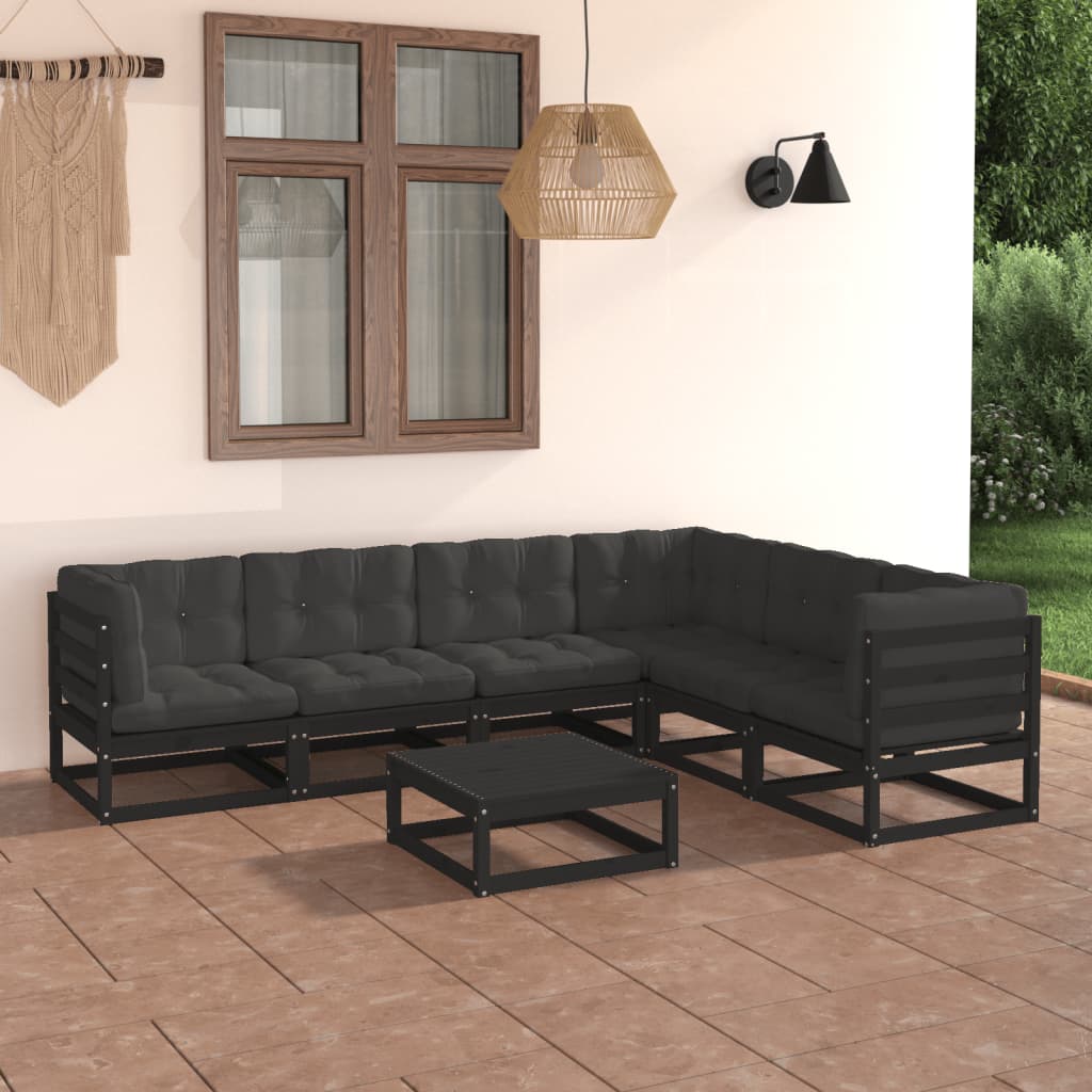 Vetonek Set de muebles de jardín 7 pzas con cojines madera pino negro