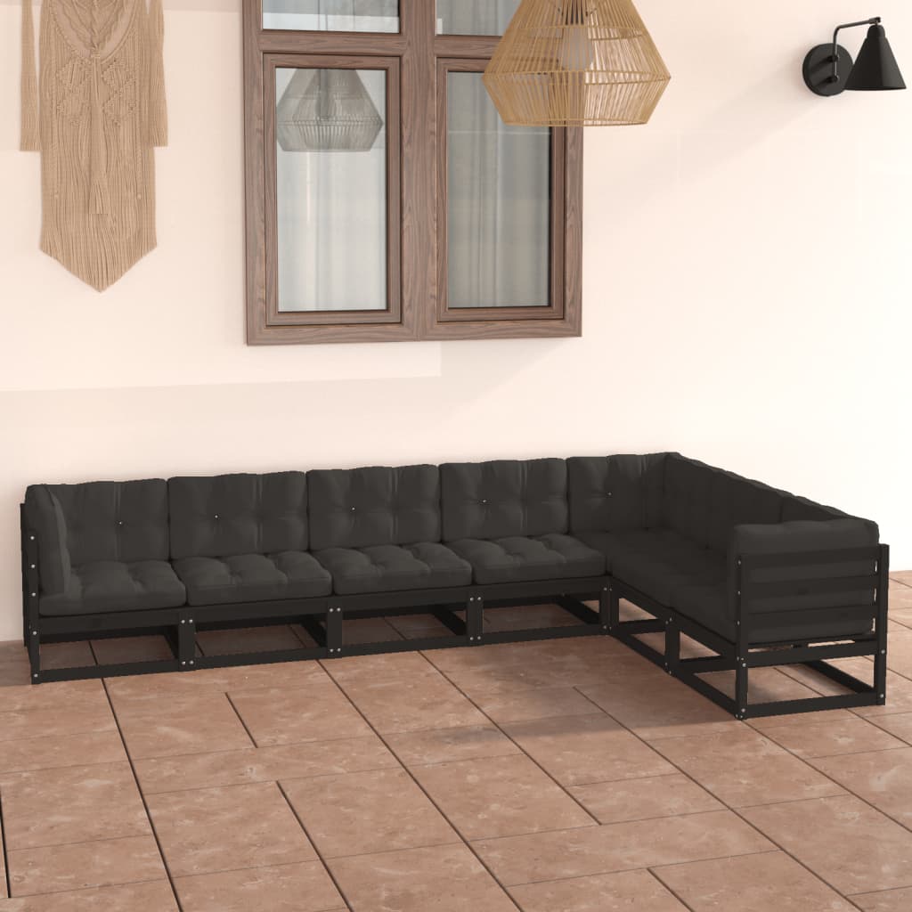 Vetonek Set de muebles de jardín 7 pzas con cojines madera pino negro