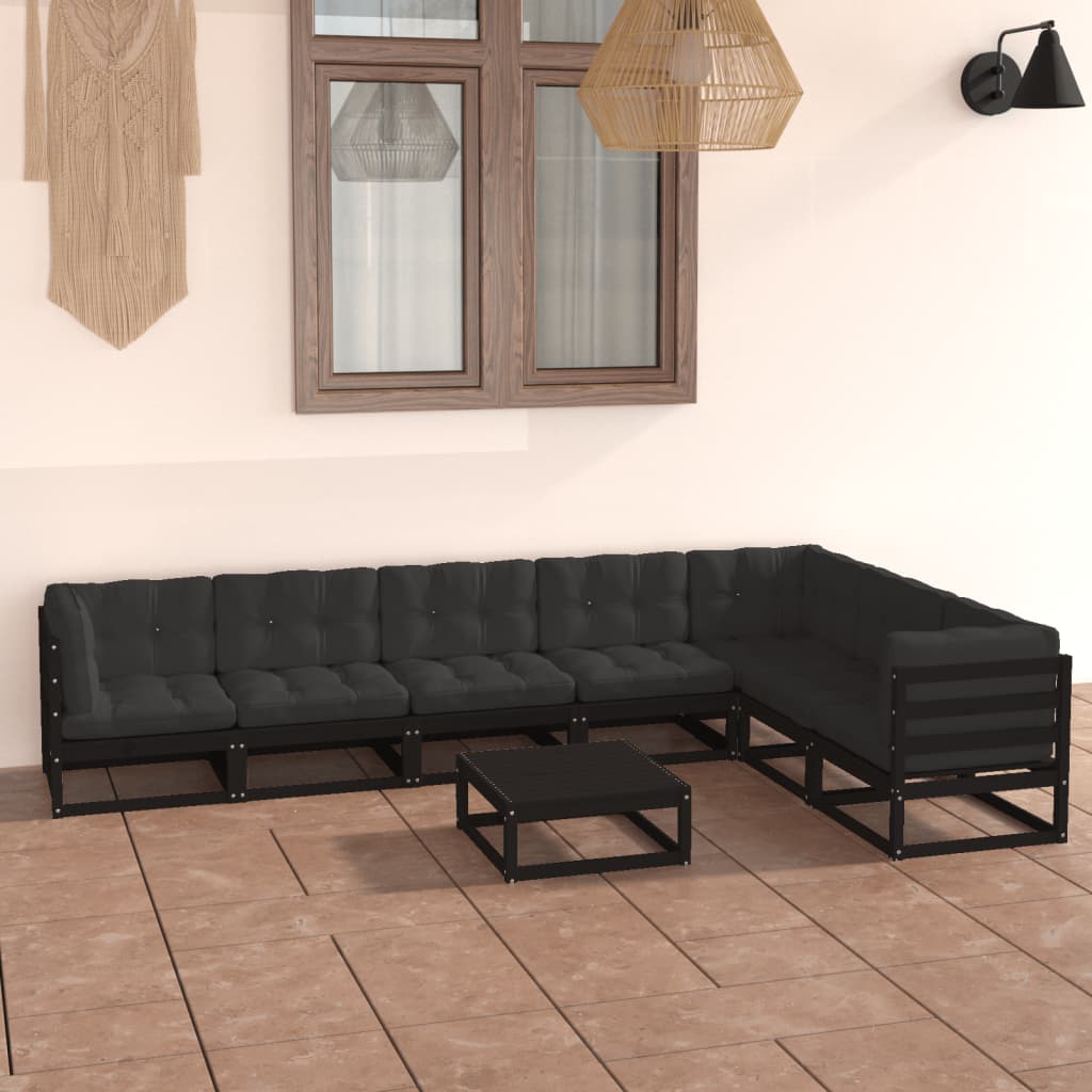 Vetonek Set de muebles de jardín 8 pzas con cojines madera pino negro